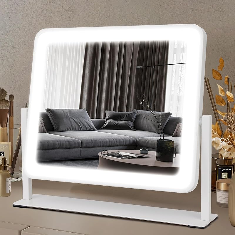 Espelho para maquiagem Bearolve com iluminação LED, 35,56 x 30,48 cm, 3 cores de luz, intensidade ajustável, rotação de 360°, branco