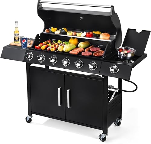 Parrilla de gas con 6 quemadores y quemador lateral con 403 pulgadas cuadradas, parrilla de gas de propano para exteriores con 60,000 BTU, con tapa