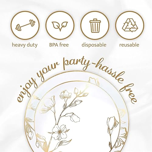 Miniatura 3 de Antique Floral Collection7.5 Platos desechables de plástico para ensaladas/postres florales blancos con oro para bodas y todas las celebraciones:
