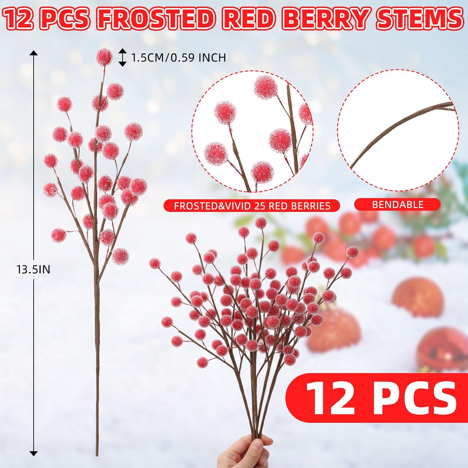 Suncalla 12 Pcs Christmas Red Berry Stems, 13.5" Holly Frosted Artificial Red Berries Stems, Waterproof Snowy Berry Branches Picks for Christmas Tree Decor DIY Wreath Floral Arrangement Gift Wrapping