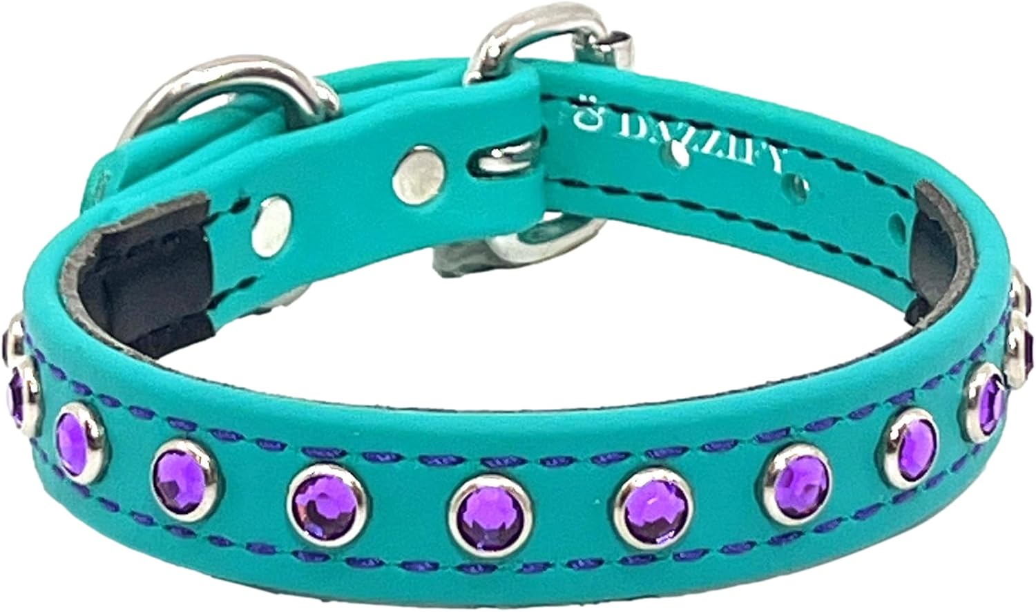 Rhinestone Dog Collar with Colorful Bling Design – Made with Waterproof, Odor-Resistant & Durable BioThane® – Azure Teal with Purple Jewels – XS (Fits Neck Sizes 9"-11"), 3/4" Wide