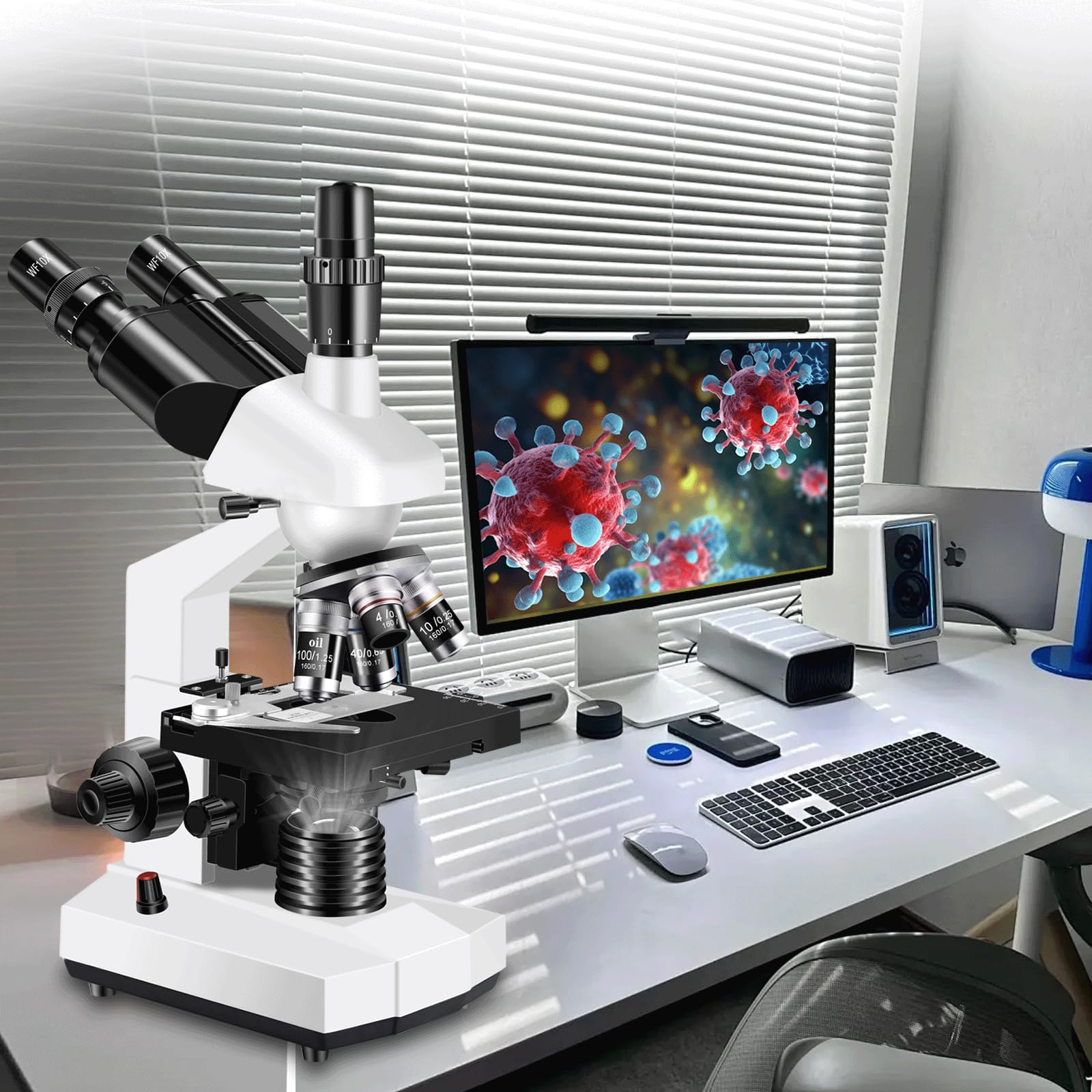 Złożony mikroskop trójokularowy powiększenie 40X-5000X, mikroskop laboratoryjny dla dorosłych, mikroskopy z oświetleniem LED, podwójna scena mechaniczna i kamera HD USB