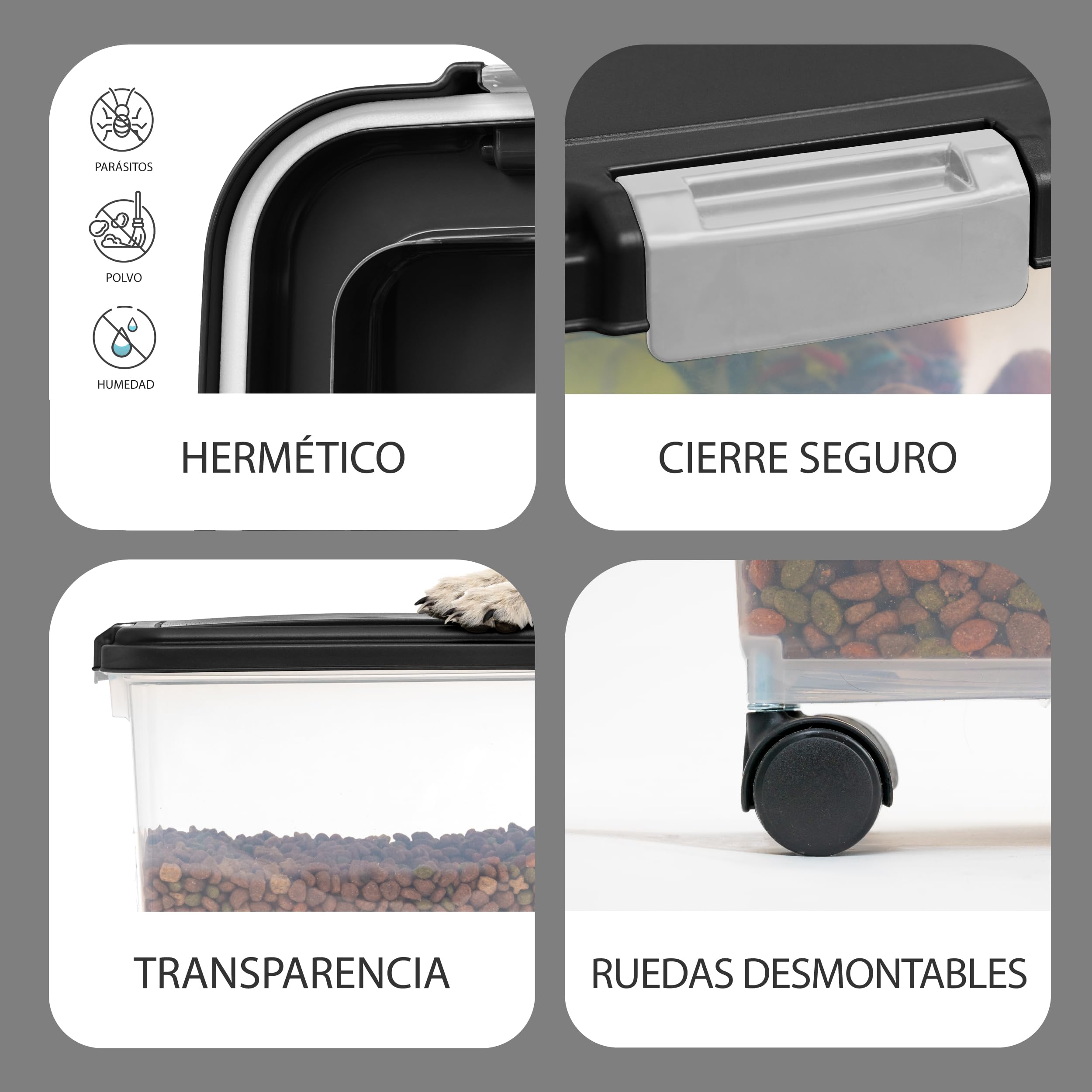 Iris Ohyama Contenedor pienso con ruedas, 30L/11kg, Negro, Contenedor comida perro, Pienso gatos, Hermética, para Mascotas, Transparente, Pet Food Container, Dog Food Storage, Libre de BPA, MP-8