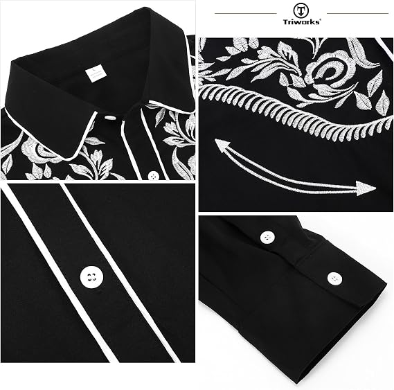 TRIWORKS Cowboy Shirts for Men Western Long Sleeve Casual Vintage Embroidery Country Shirt Slim Fit Button Down Shirt Casual Work XS-3XL