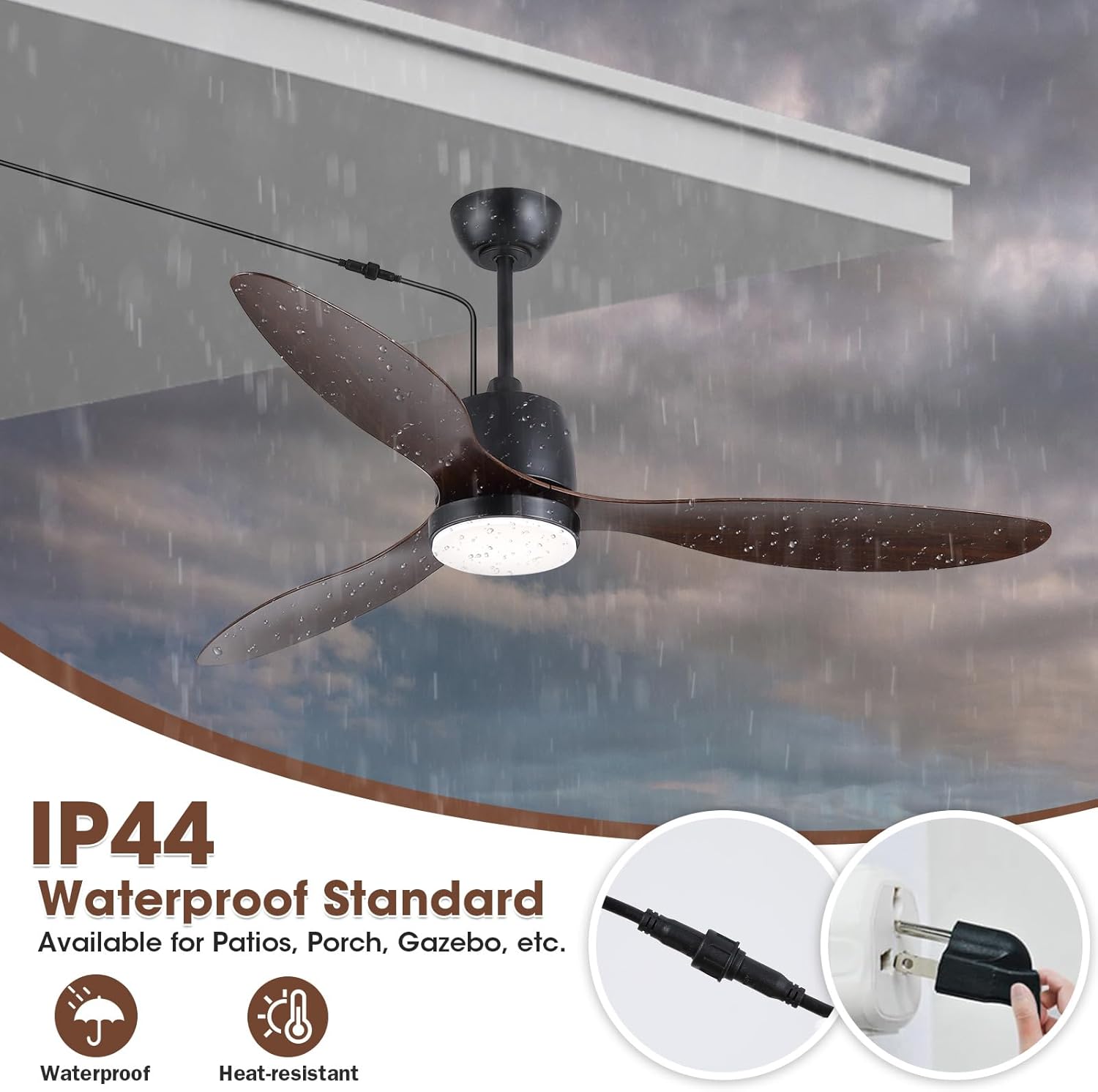 52" Outdoor Ceiling-Fan with Light: Plug-in Waterproof Hanging Fans, App/Remote Control, Reversible 6-Speed Quiet DC Motor, 3CCT, for Patio Porch Pergola