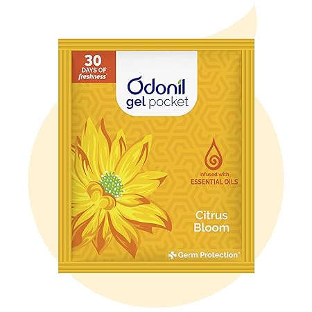 Odonil Gel Pocket - Citrus Bloom - 10g | Infused with Essential Oils | Germ Protection | Lasts Up to 30 days | Air Freshener for Bathroom and Toilet