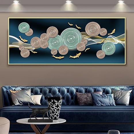 Amazon Co Jp 抽象的で豪華な金の動物の魚の木の年輪キャンバス絵画ポスター印刷壁アート画像ミニマリストのリビングルームの装飾 60x150cm フレームレス ホーム キッチン