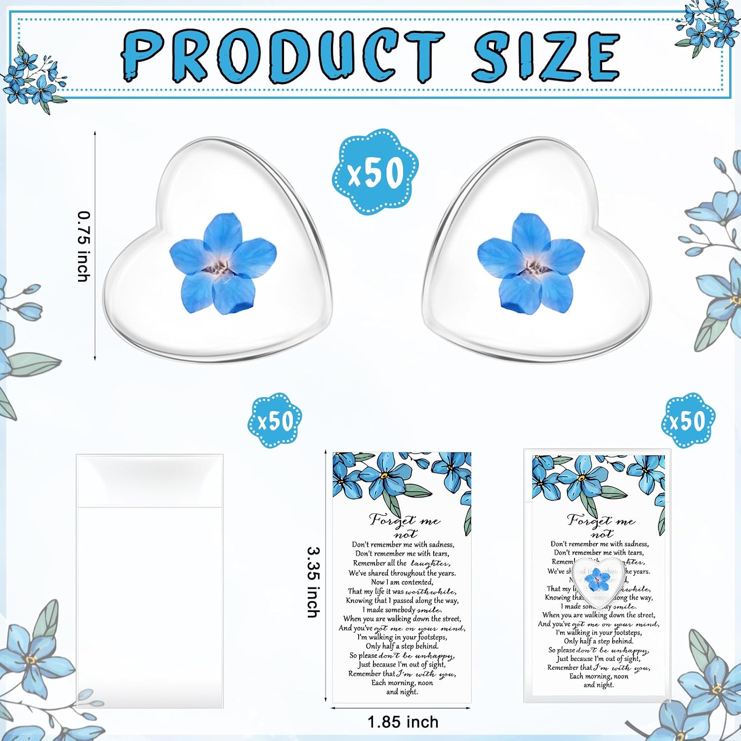 50 Sets Forget-me-not Flower Gift Set, Heart-shaped Dried Pressed Flower Keepsakes with Sympathy Cards and Bags, Memorial Remembrance Tokens for Funeral, Wedding, Baptism Ornament Favors
