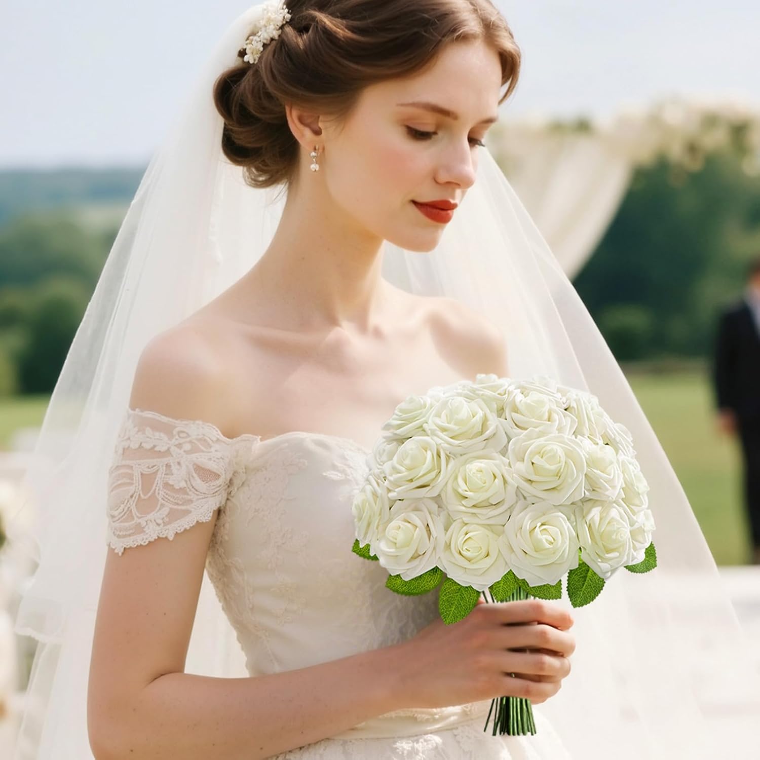 Lifewit Artificial Flowers, 25 Pcs Ivory Foam Real Looking Roses with Stems, Fake Roses for DIY Wedding Bouquets, Centerpieces Arrangements, Valentine Decorations - Image 2