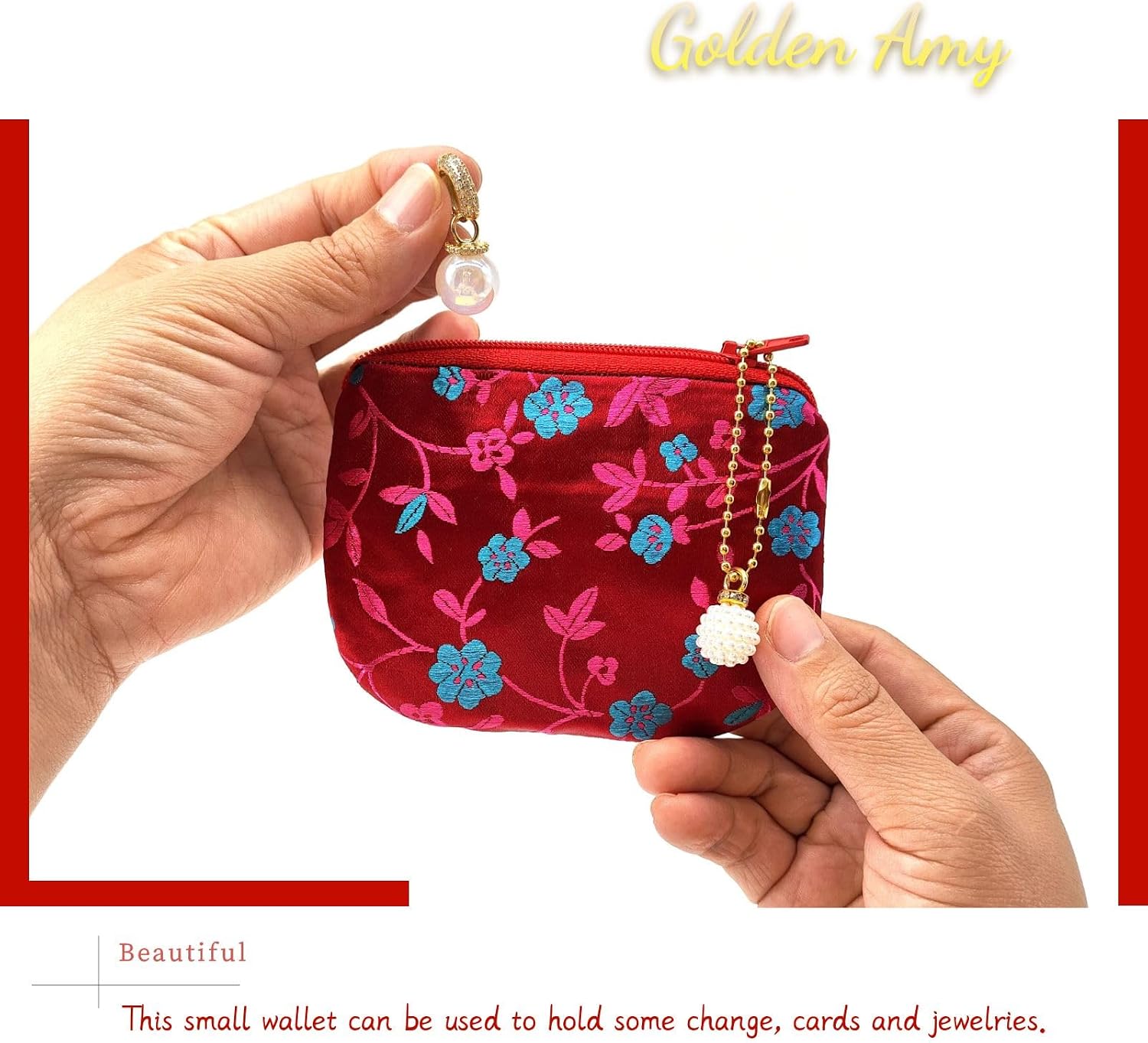 Handmade Women Coin Purse Silk Jewelry Pouch Zipper Wallet Brocade Rosary Bag - Crimson