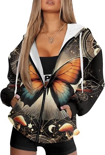 Wellflyhom ジッパー スウェットシャツ パーカー 女性用 オーバーサイズ Y2k ジャケット グラフィック セーター シャツ 長袖 ルーズコート 秋服