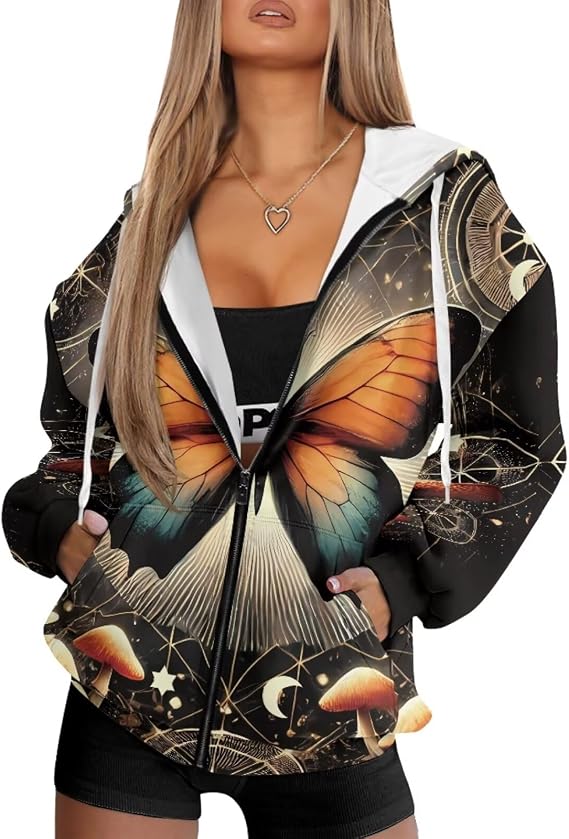Wellflyhom ジッパー スウェットシャツ パーカー 女性用 オーバーサイズ Y2k ジャケット グラフィック セーター シャツ 長袖 ルーズコート 秋服