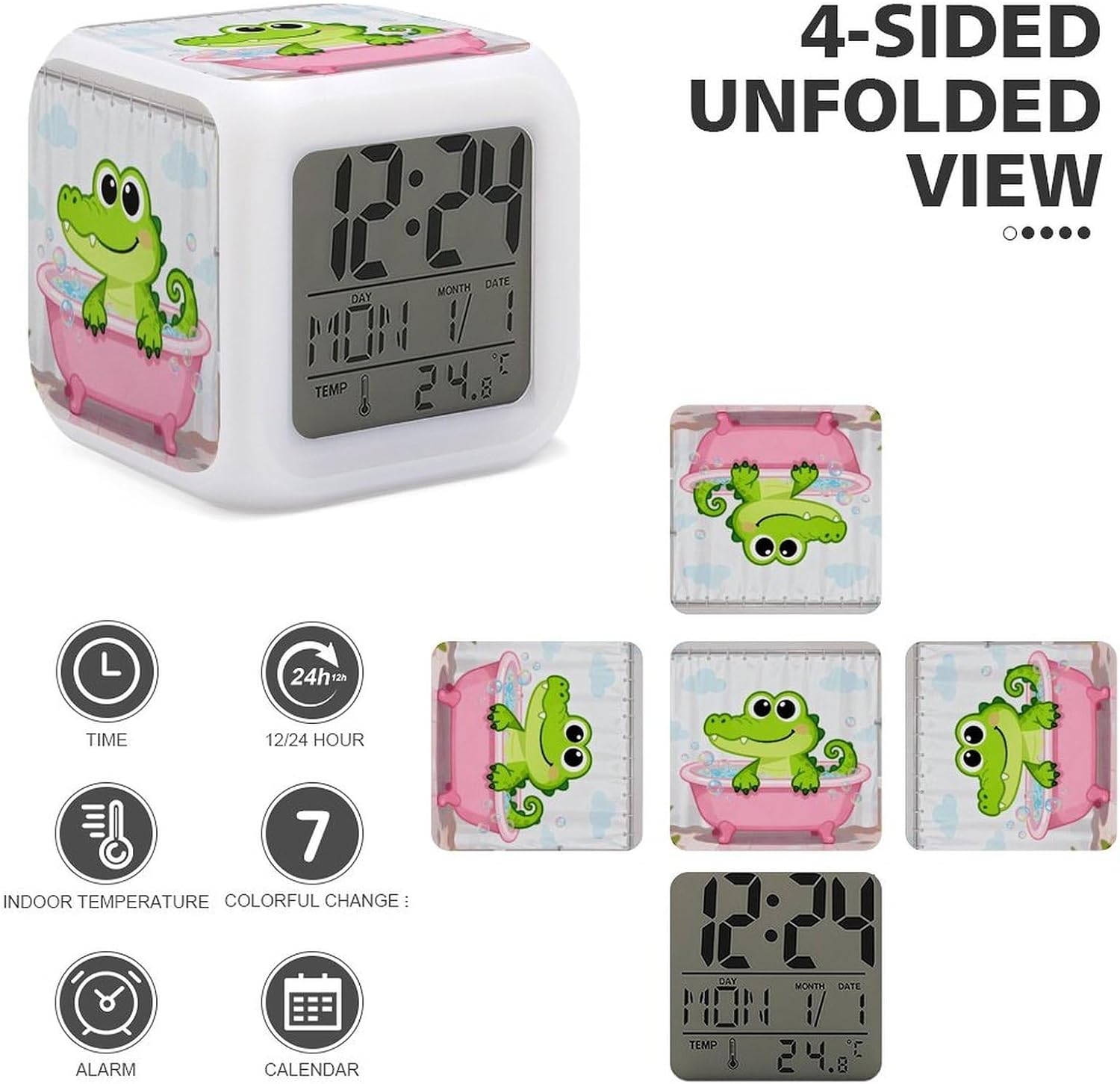Bathtub Gator Clock 7 Color Changing Time Alarm, Cute Practical Bedside Alarm Perfect for Adults Heavy Sleepers, Bedside Desk Clock for Bedroom Dorm Home Decor image 3