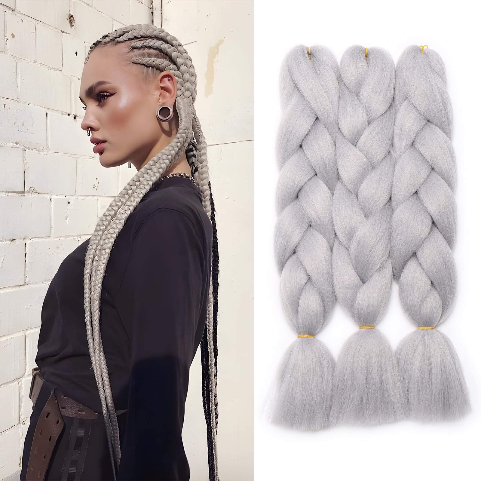 Benehair 3 Packs 24 Inch Braid Extensions Jumbo Box Braiding Hair for Twist Colorful Synthetic Hair Extensions for Braiding Light Gray Hair Extensions for Women(3 Packs