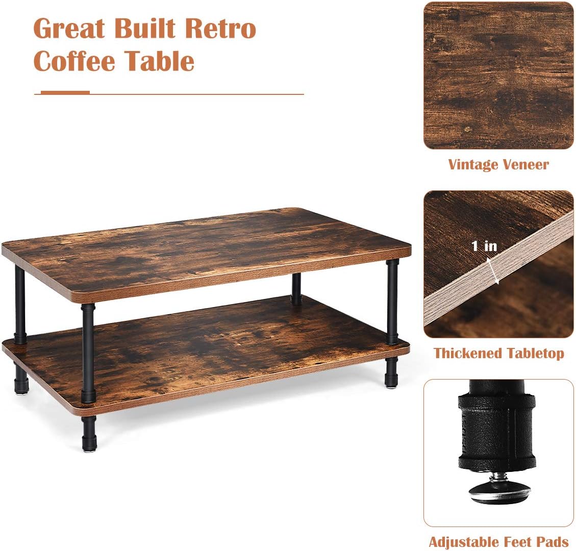 Giantex Retro Coffee Table W/Thick Tabletop, Industrial Steel Pipe Legs & 2-Tier Storage Shelf Accent Table for Living Room, Reception Room, Easy Assembly Center Table, Rustic Brown