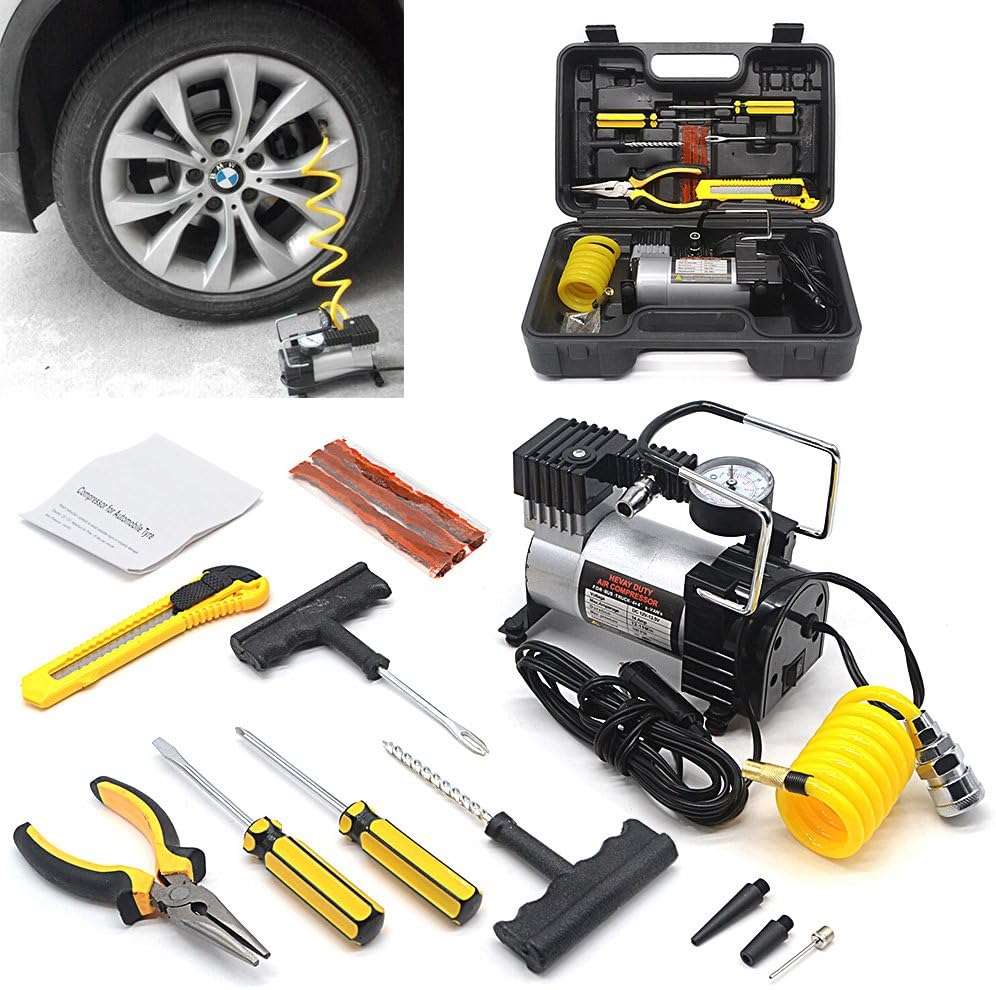 Heavy Duty Portable Air Compressor 12V Electric Car Tyre Inflator Pump & Accessories + Tyre Patch Kit with Storage Bag