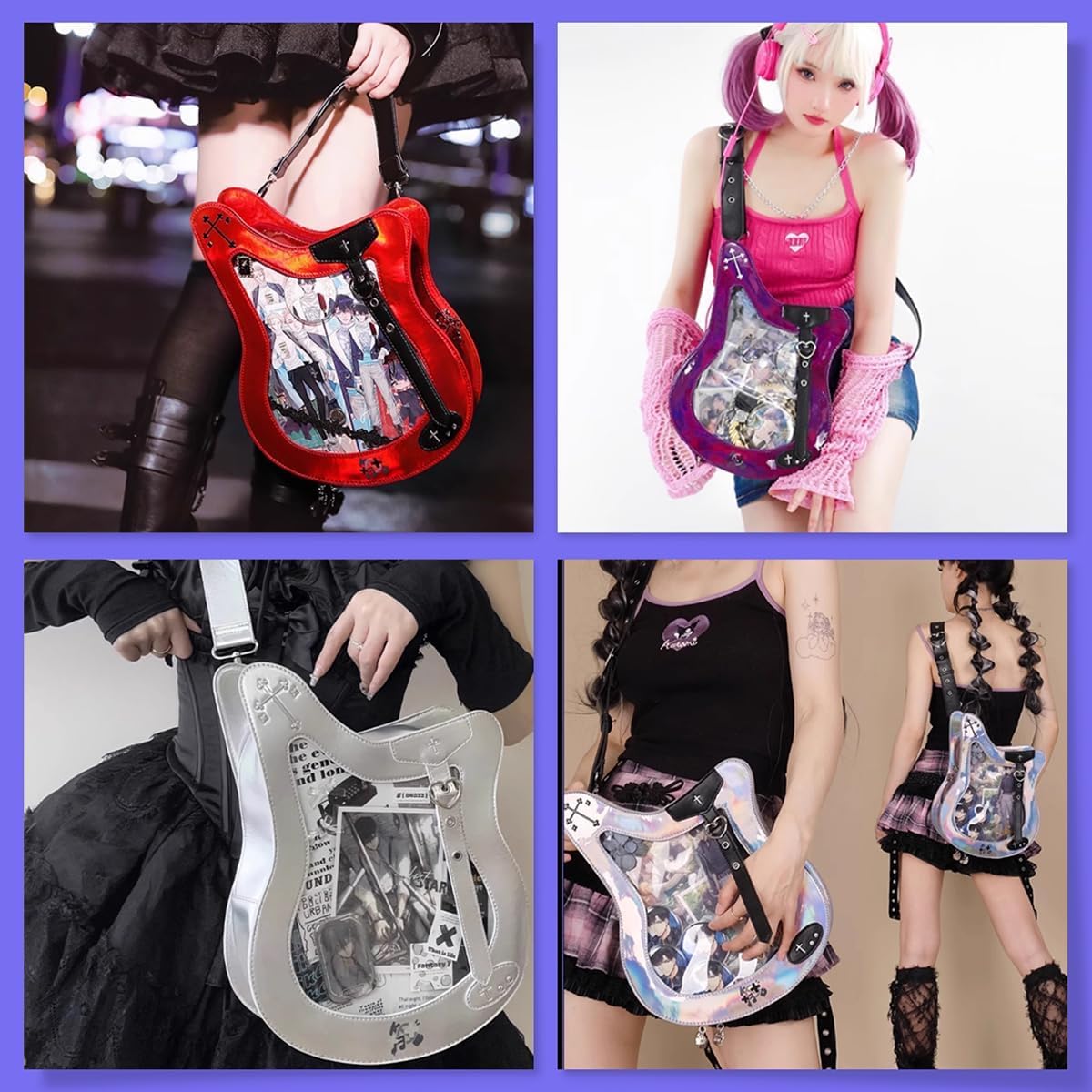 Guitar Ita Bag - Y2K Japanese Backpack for Unisex Women Men with Pin Display Insert Fluorescent Cosplay Black