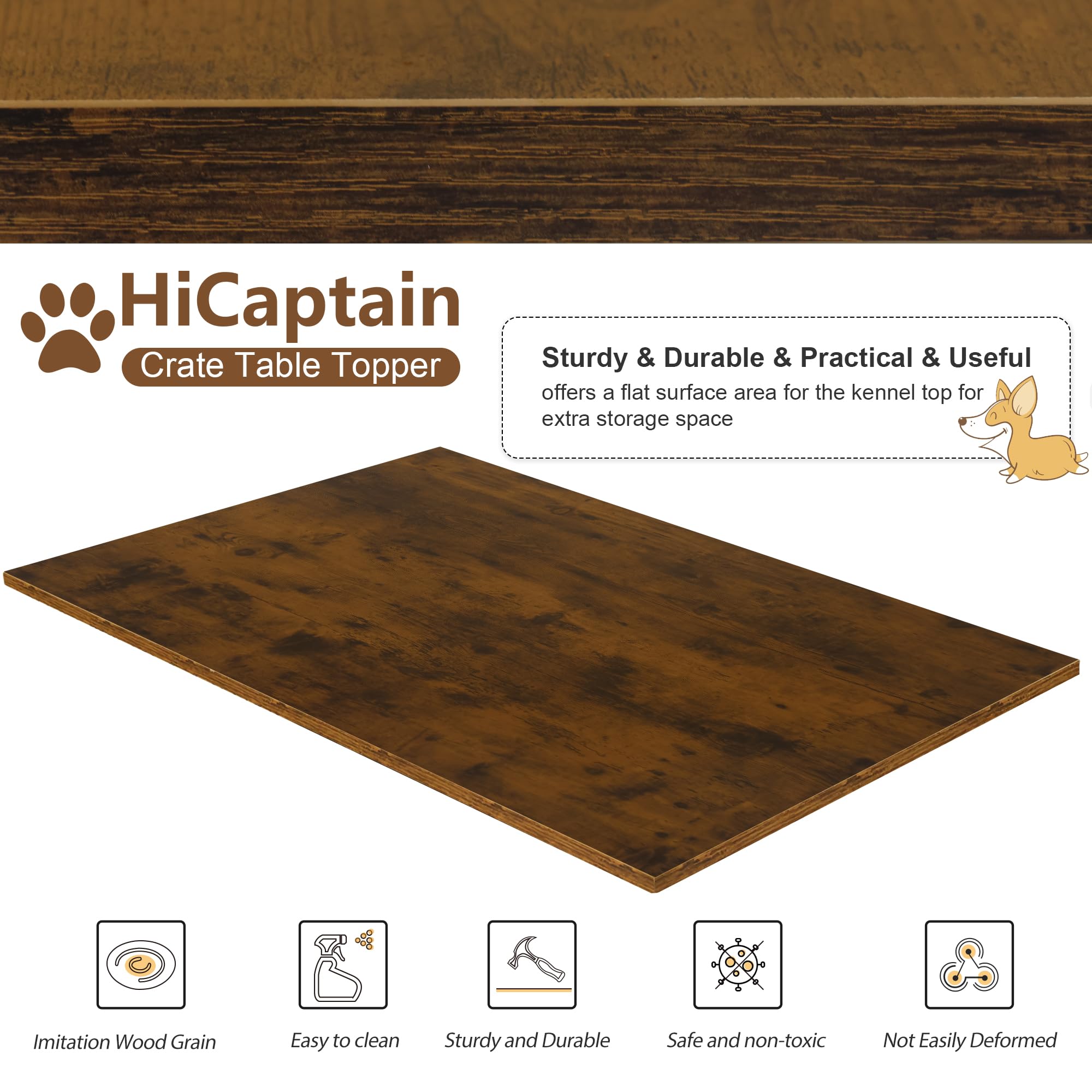 HiCaptain Dog Crate Table Topper, Decorative Wood Pet Crate Table Top, Durable Rustic Dog Kennel Table Top for 48 inch Cages (Rustic Brown, XL-for 48in Crate Cage (No Cage))