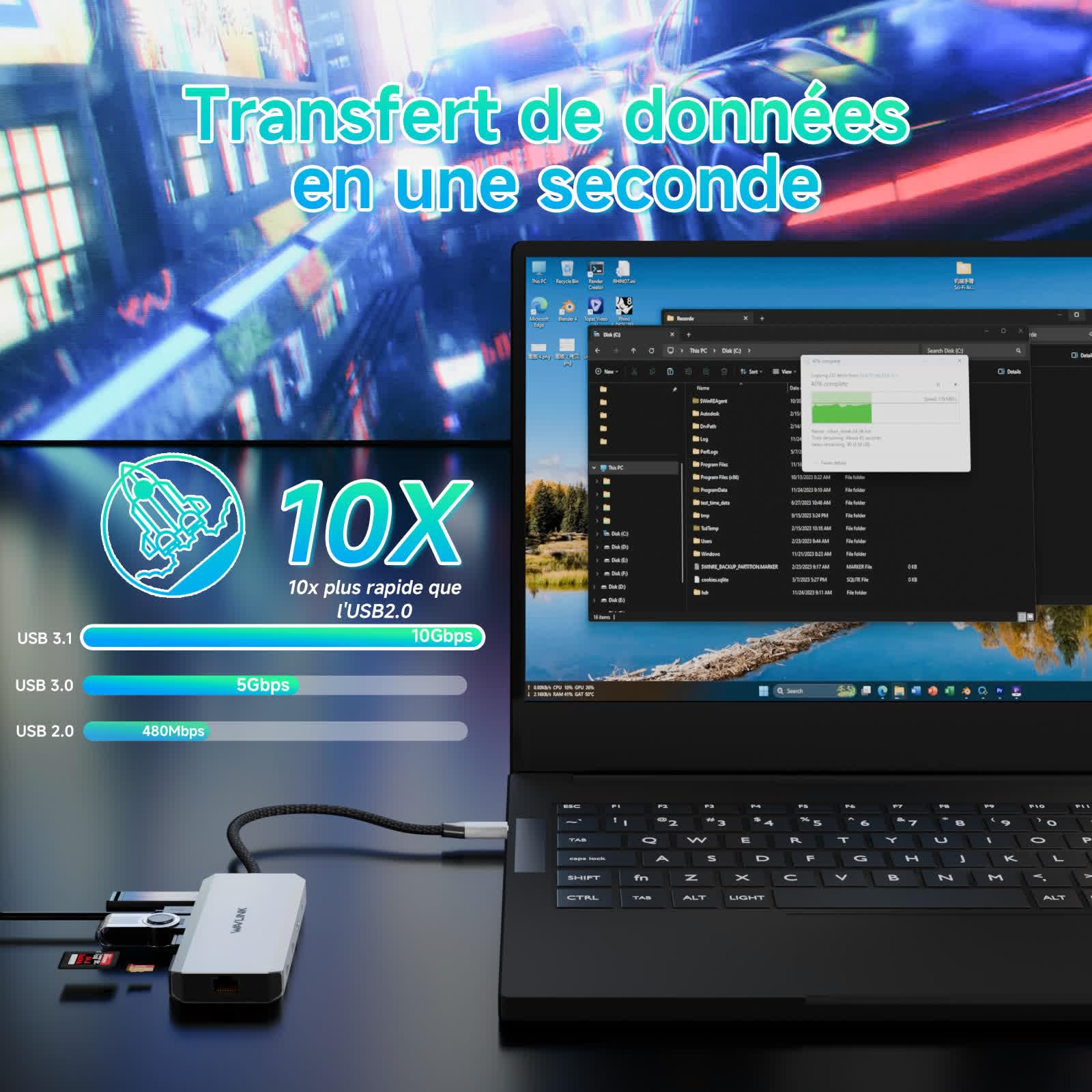 WAVLINK Station d'accueil pour Ordinateur Portable, Station d'accueil Displayport avec Double DP, HDMI, 100W PD in, 10Gbps USB A/C, 2.5G Ethernet Port pour Dell/HP/Lenovo etc
