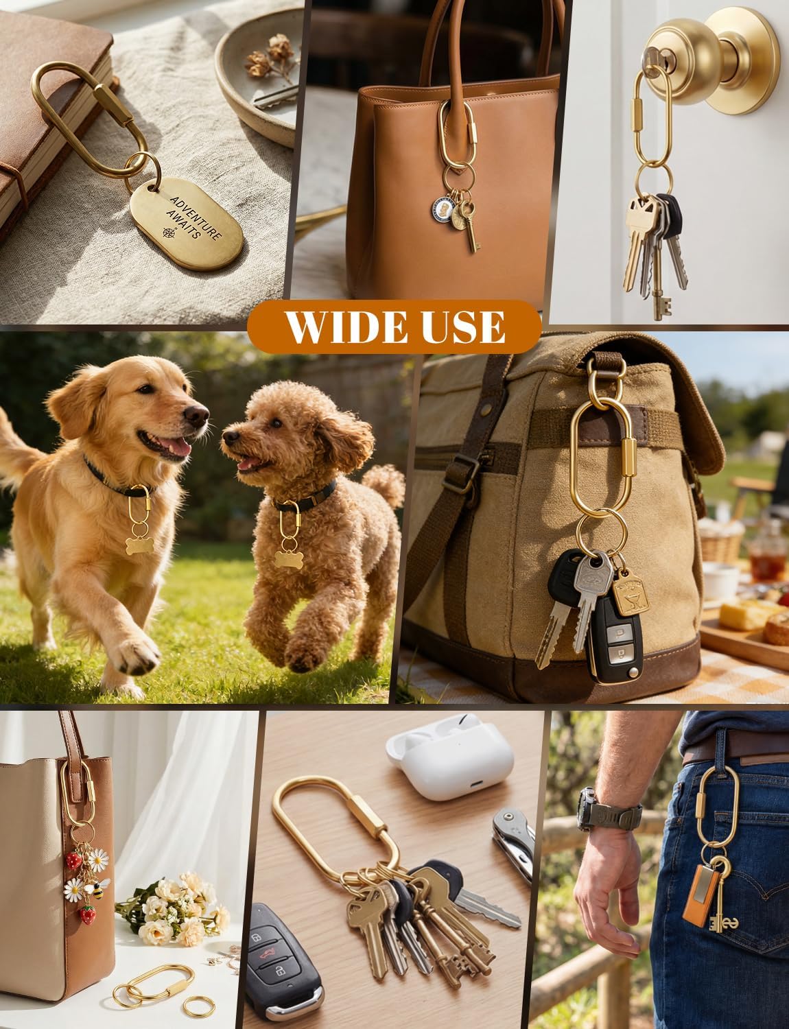 Brass Key Rings Bulk, 12 Pcs Keychain 9 Gold Carabiner Clip for Bag Charm