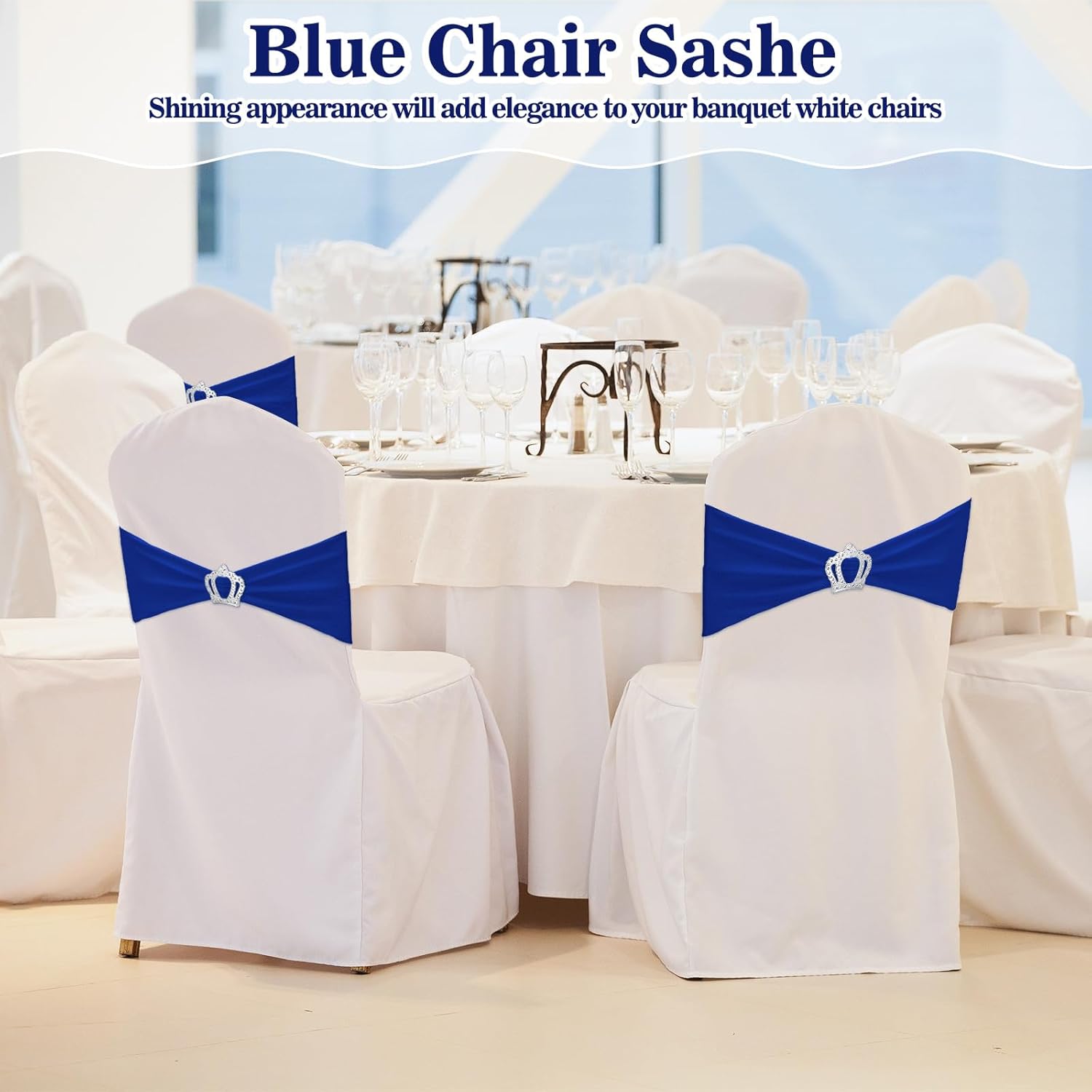 150 Pcs Spandex Chair Sashes Stretch Chair Covers with Crown Buckle Elastic Chair Bows Ties with Buckle Slider for Wedding Banquet Party Event Decoration(Royal Blue)
