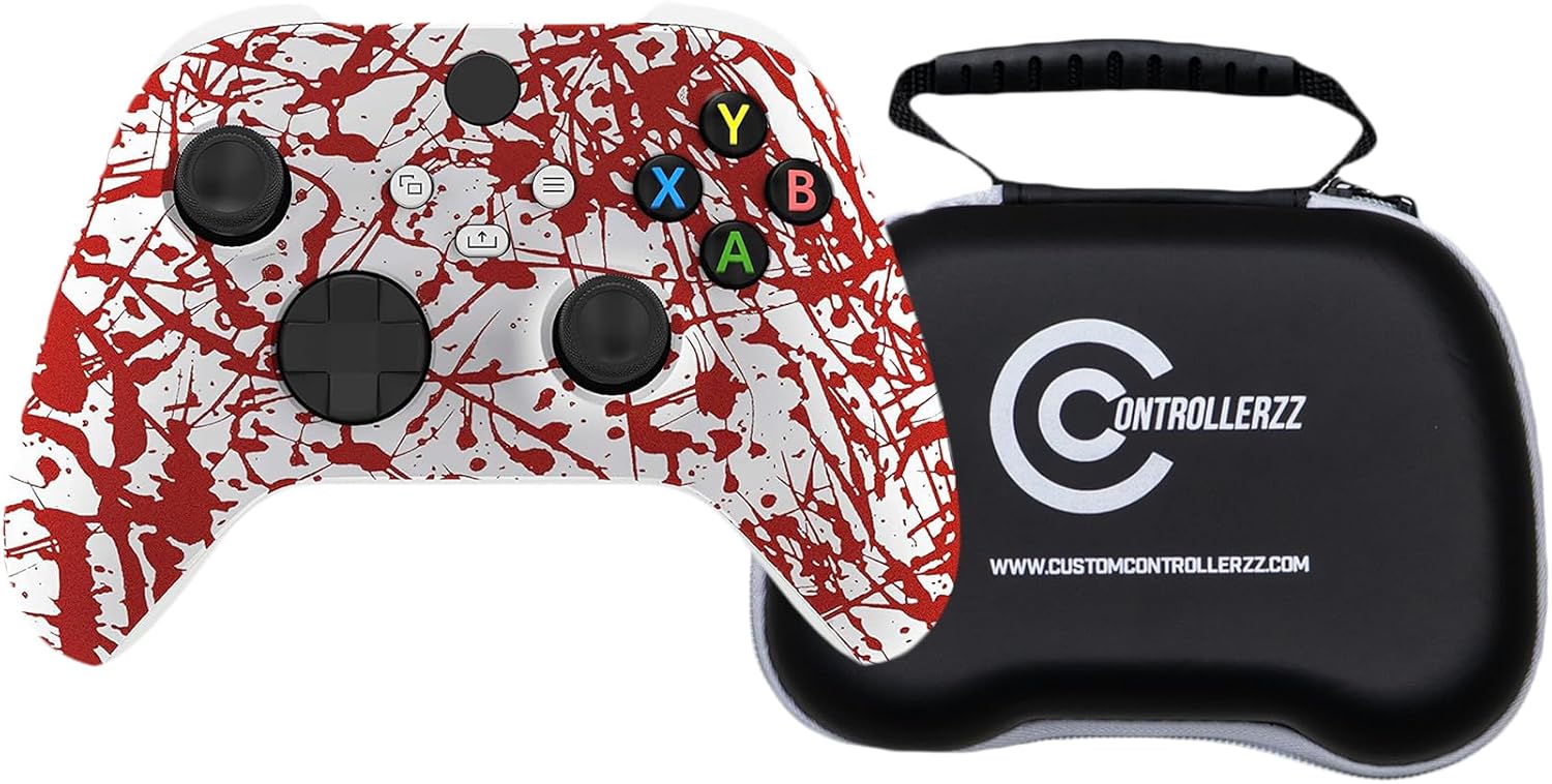 Custom Controllerzz Blood Splatter Controller & Case Bundle – Includes Blood Splatter Custom Wireless Controller for Xbox Series X/S, Xbox One, PC & Universal Protective Travel Case