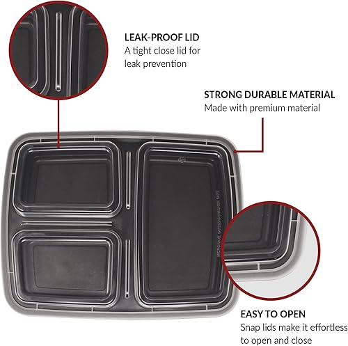 Miniatura 2 de Reli. Recipientes para preparación de comidas, 32 onzas, paquete de 40, contenedor de alimentos de 3 compartimentos con tapas, almacenamiento de