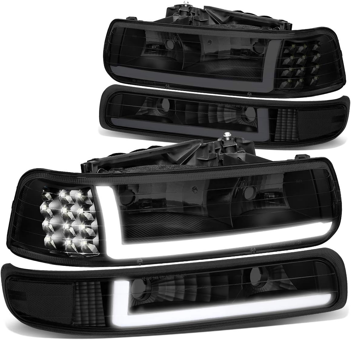 DNA MOTORING Pair Headlight Assembly Compatible with 99-02 Silverado 1500 2500/01-02 Silverado 1500 2500 HD, w/LED Daytime Running Light Bar, Black/Smoked, HL-LB-CSIL99-BK-SM-CL1