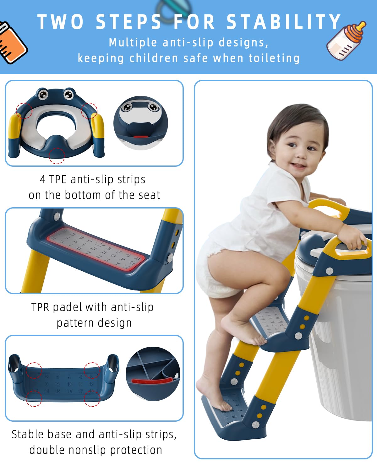 Toilettensitz Kinder mit Treppe, Toilettentrainer für Kinder, WC Sitz mit PU Gepolsterter, Höhenverstellbar und Faltbar, Rutschfest mit Spritzschutz Toilettenaufsatz Kinder(Blue)