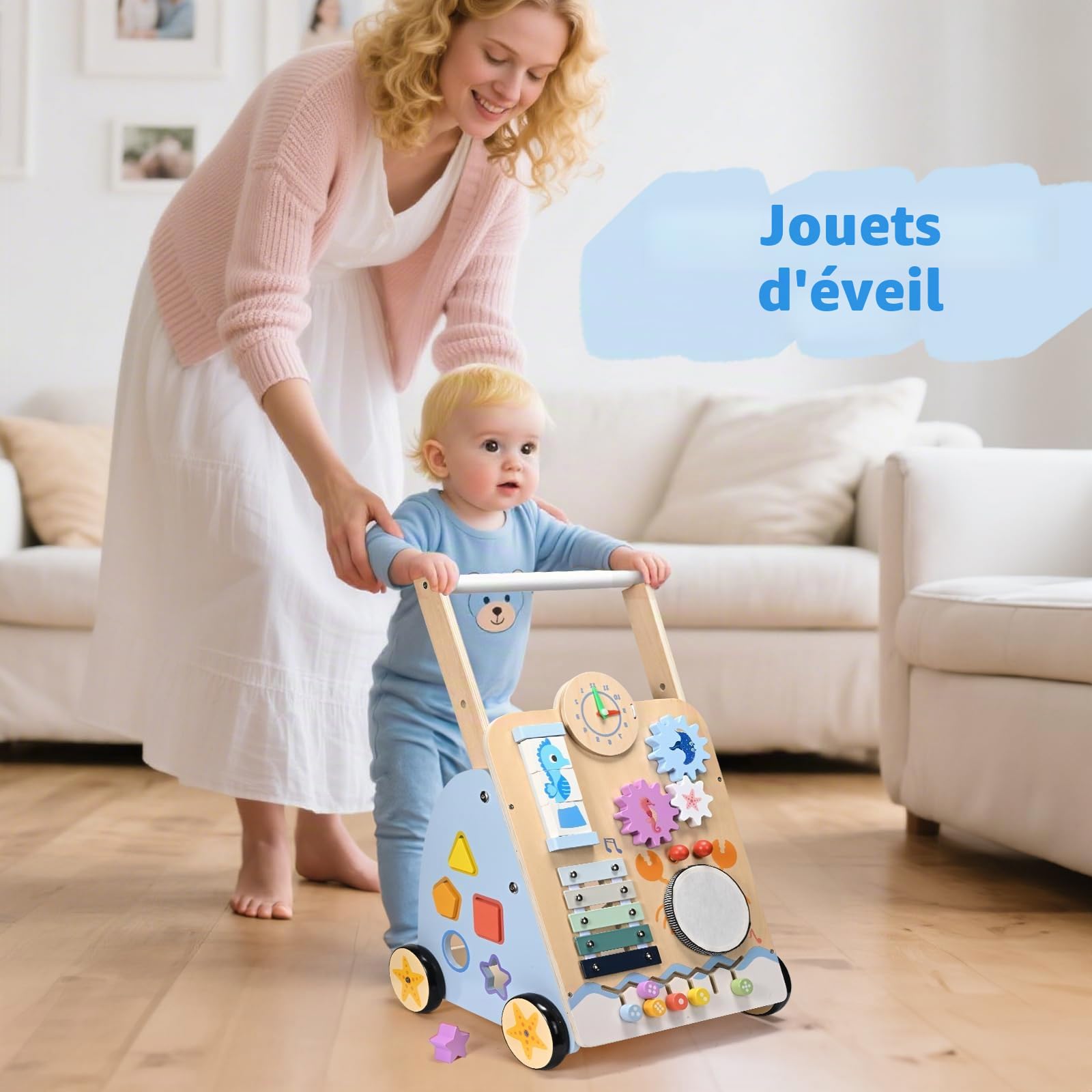 chariot de marche bebe, multifonctionnel Trotteur bébé en bois 8 en 1 pour enfants de 3 à 9 mois, avec roues et blocs de construction pour l'éducation précoce, cadeau adapté