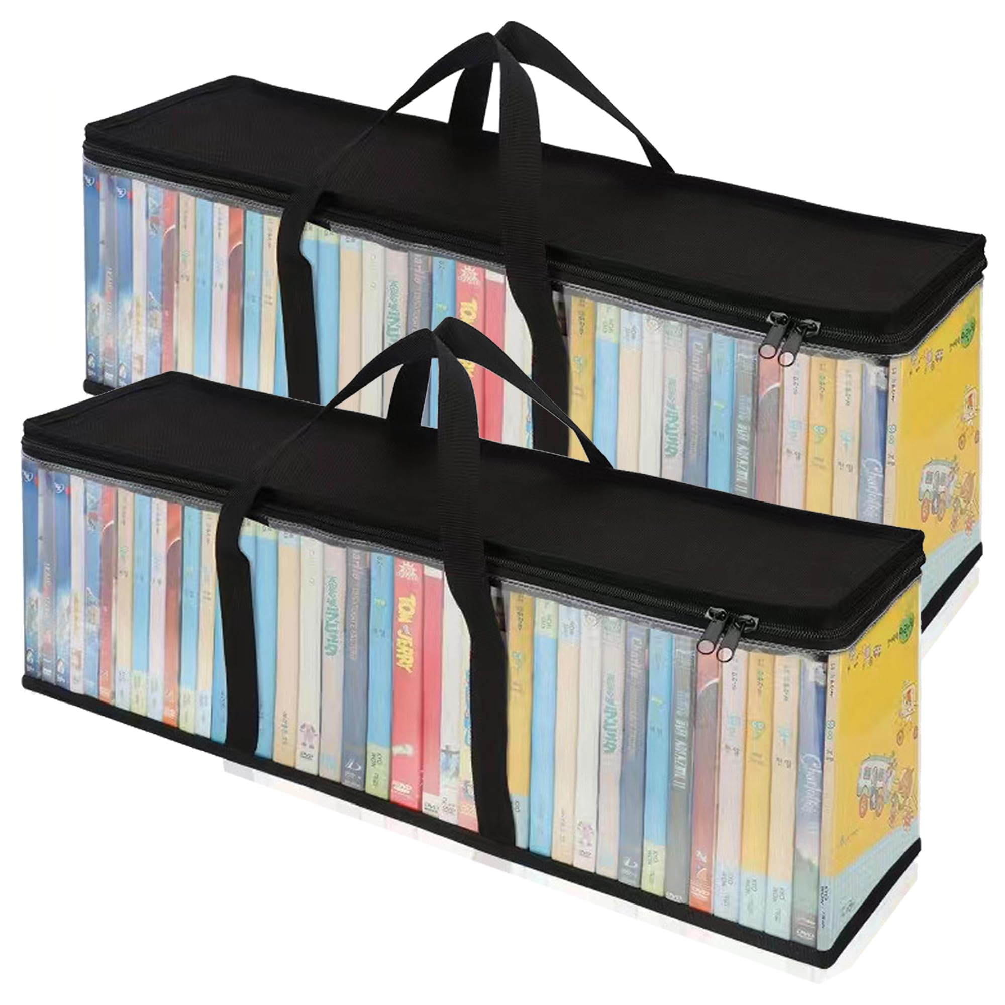 2Pcs Fundas de Almacenamiento para DVD, Gran Capacidad Resistente al Agua de Transporte Portátil para Libros, Bolsa de plástico Transparente con Asas para Álbumes, Videojuegos (60x22x15.2cm)