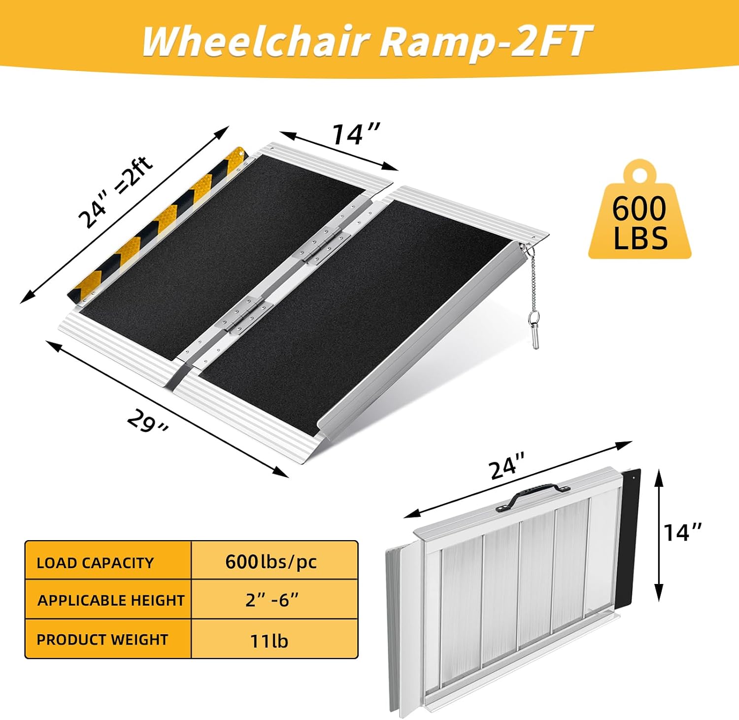 2FT Portable Wheelchair Ramp, Non-Slip Aluminum Folding Handicap Ramp for Home Steps, Stairs, Threshold and Doorways, Scooter Ramps, 600LBS Capacity