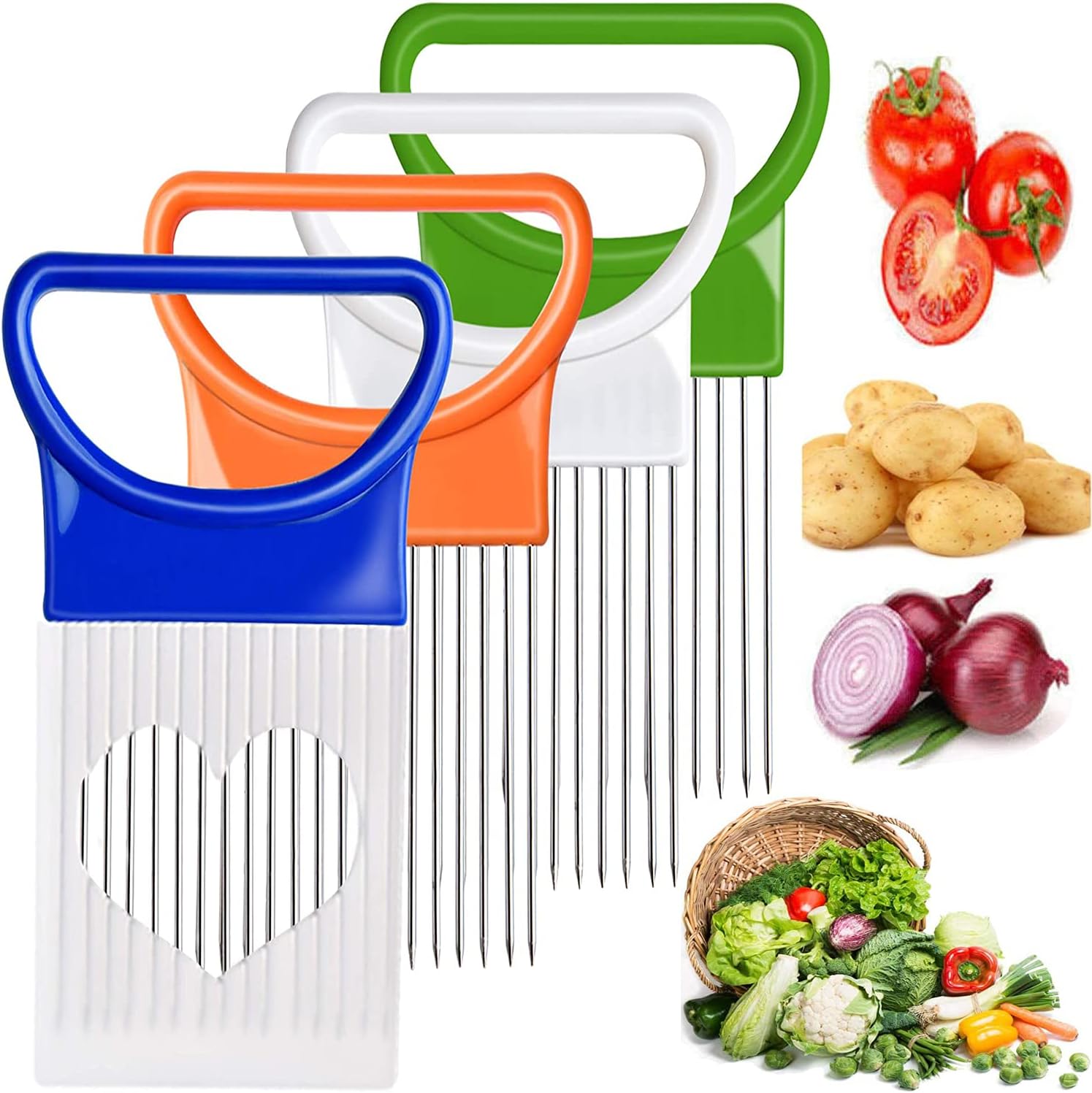 4PCS Onion Holder Slicer Set,Stainless Steel Fruit Tomato Lemon Potato Vegetable Holder Slicer Crinkle Cutter Tool for Kitchen Worker Slicing,Onion Cutter French Fry Cutter,4 Colors