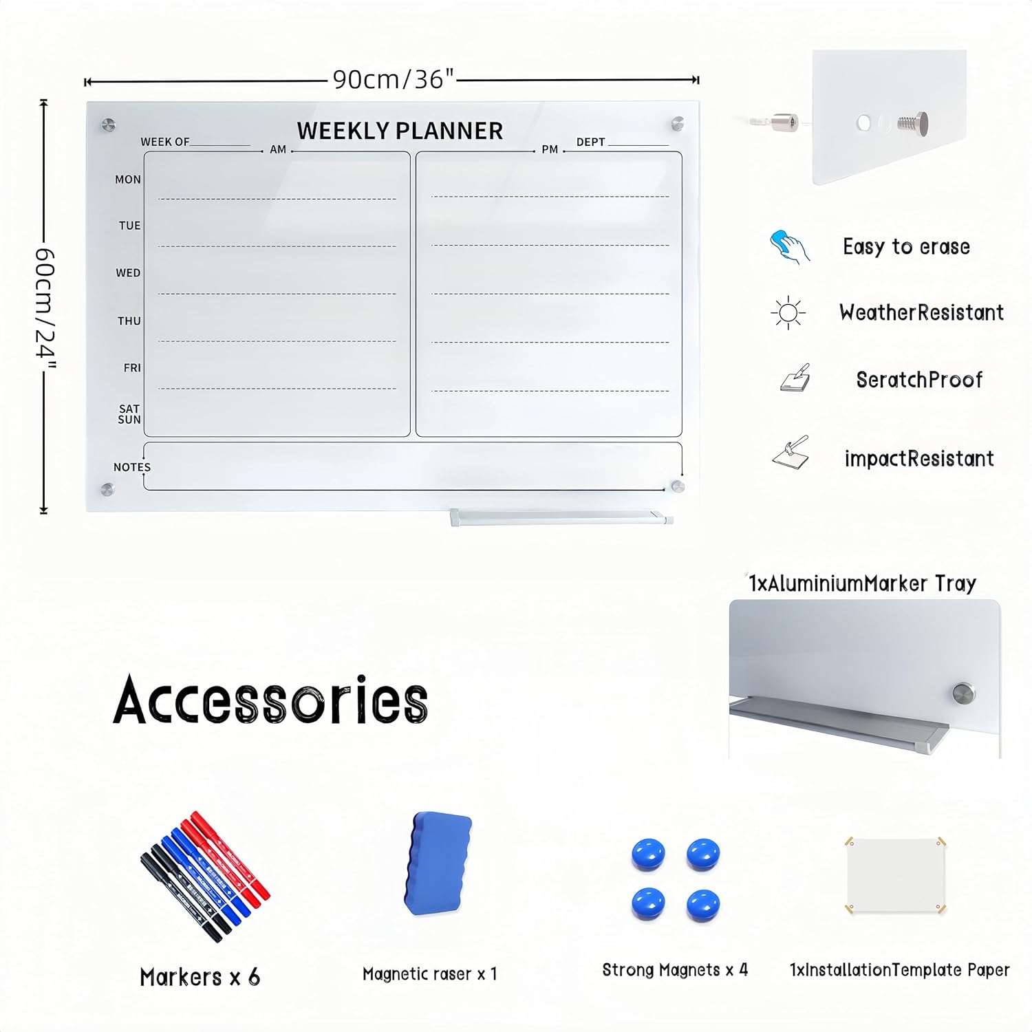 24" x 36" Magnetic Weekly Glass Planner Whiteboard Frameless Ultra-White Dry Erase Calendar for Office or Home Kitchen - Premium Tempered Glass, Horizontale Wall-Mounted (6 Markers Included)