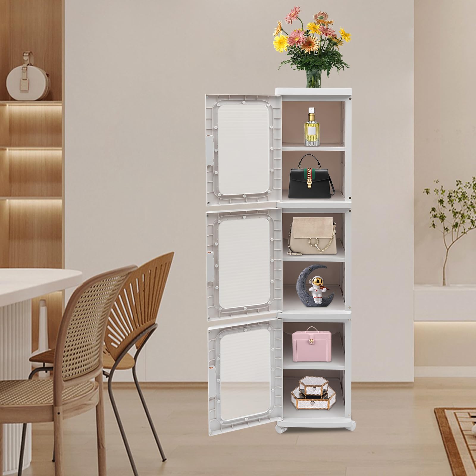 Scatola portaoggetti fino a 40 kg, 3 ripiani, 24,5 x 28,5 x 126 cm | Porta magnetica trasparente, scatola pieghevole in plastica con ruote girevoli a 360°, contenitore portaoggetti per soggiorno