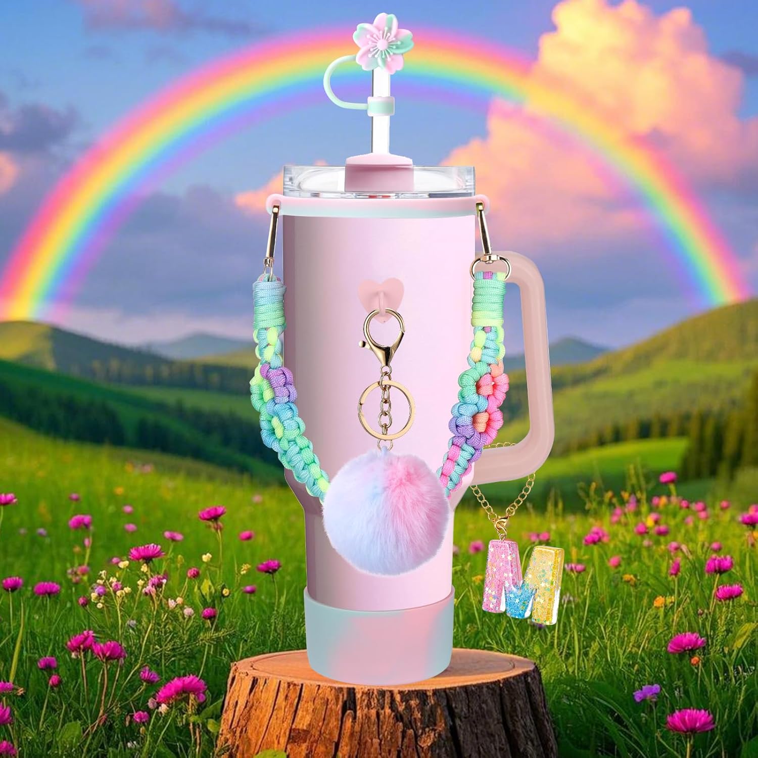Mity rain 9PCS Cup Accessories for Stanley Cup 30oz 40oz 20oz tumbler with handle - Includes Colorful Water Bottle Handle Strap,Straw Topper,Spill-Proof Stopper,initials Charms,Boot,Pom-Pom Decorate - Image 3