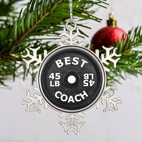 Vista 58 de Plato de pesas con barra para amantes del fitness, adornos de Navidad 2022, adornos de copo de nieve, decoraciones de Navidad para árbol, novedad