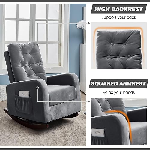 Miniatura 6 de Mecedora de terciopelo, silla tapizada deslizante, silla decorativa moderna con respaldo alto para guardería, cómoda silla auxiliar para sala de