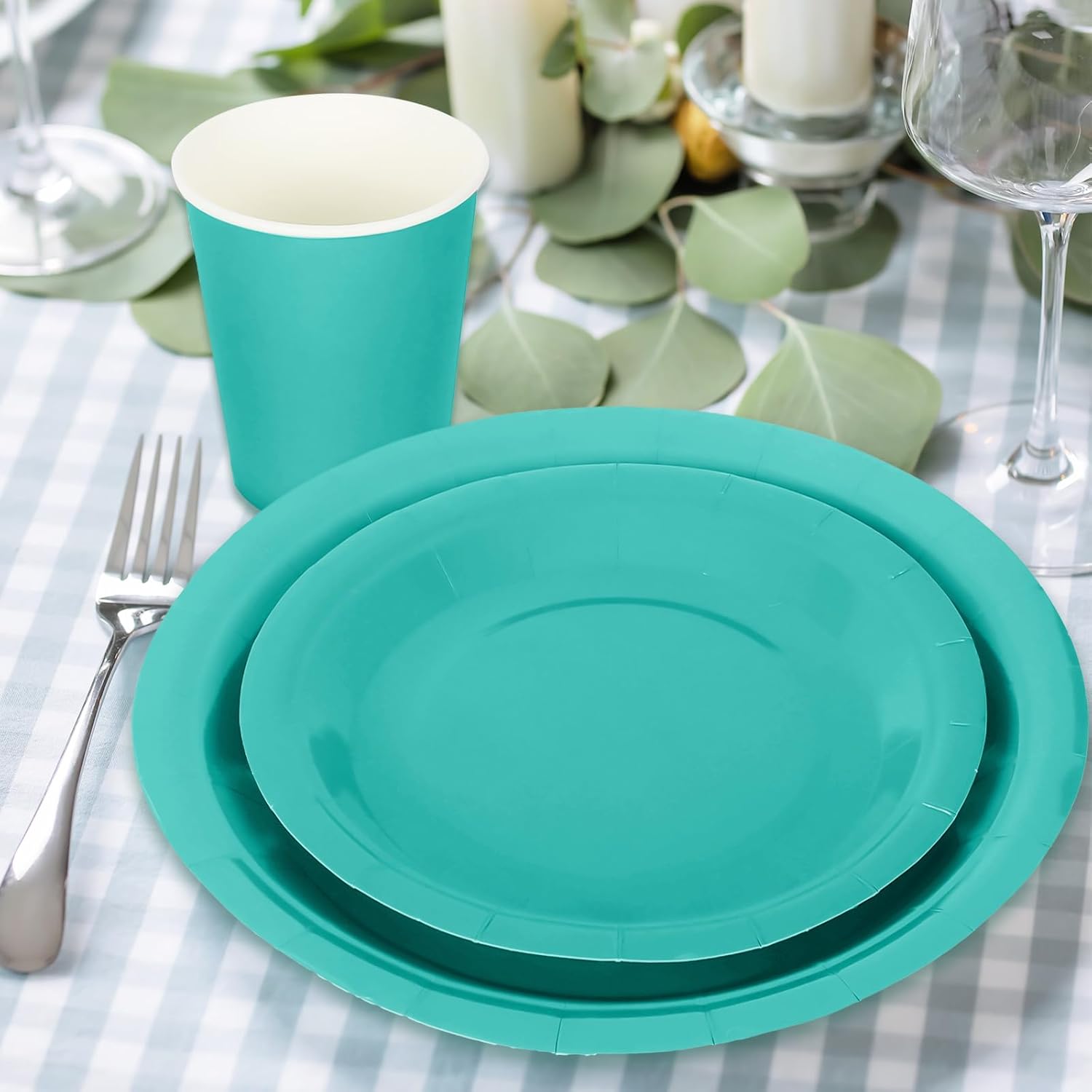 Whaline 100Pcs Teal Tableware Set Teal Blue Disposable Dinnerware 50Pcs Paper Plate 25Pcs Napkin 25Pcs Cup for Birthday Wedding Baby Shower Family Picnic Party Supplies Table Decor