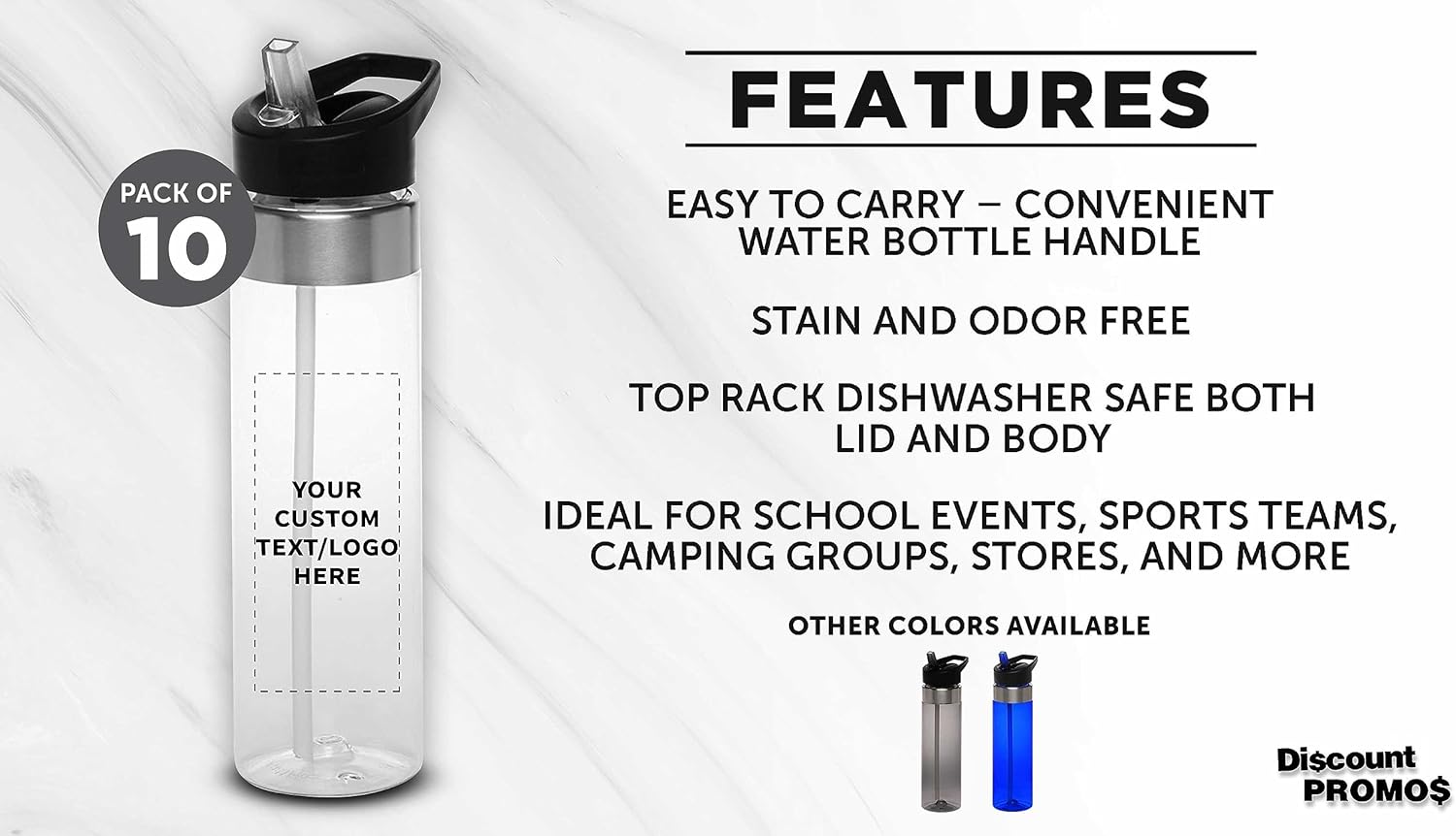 Custom Plastic Water Bottle 24 oz with Inside Straw - 10 Pack - Personalized Text - BPA Free, Screw-On Cap Flip Nozzle Mechanism - Slim Translucent Body - Eastman Tritan Copolyester - Clear - Image 2