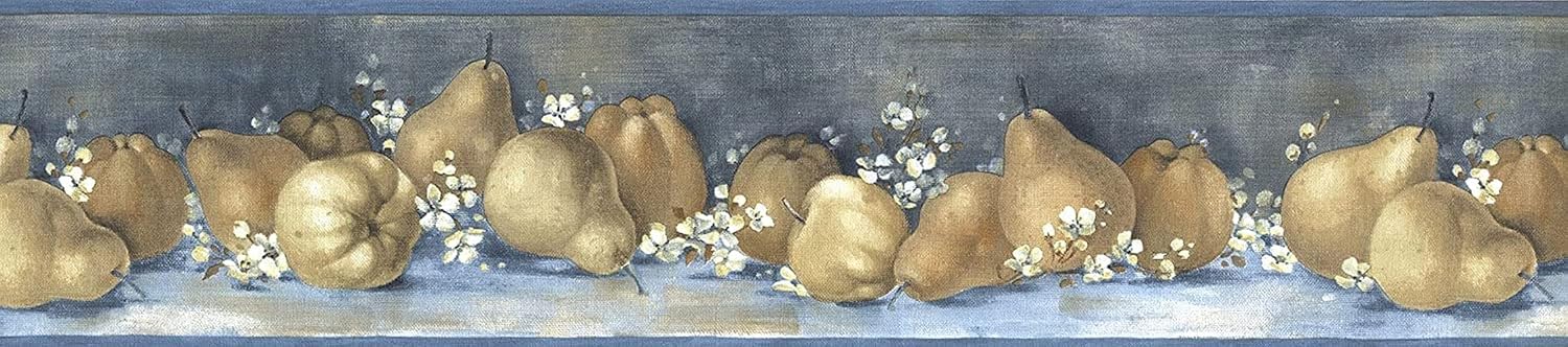 CONCORD WALLCOVERINGS ™ Wallpaper Border Fruits Pattern Pears Flowers for Kitchen Living Room, Blue Navy White Yellow, 5.25 Inches by 15 Feet BG76304
