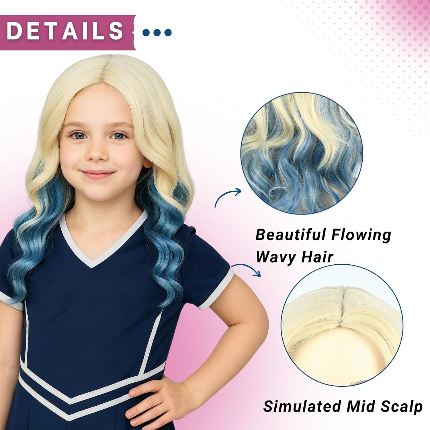 PUREHAIR Blonde Ombre Blue Anime Cosplay - Long Blond Wavy Synthetic Hair Wig for Halloween Costume Party (Small Head)