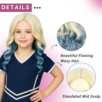 PUREHAIR Blonde Ombre Blue Anime Cosplay - Long Blond Wavy Synthetic Hair Wig for Halloween Costume Party (Small Head)