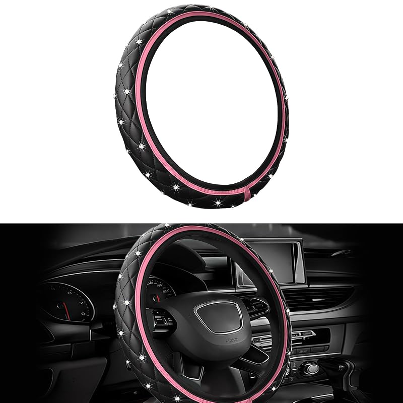 Capa para volante Gilovc com strass, couro sintético macio e elástico, rosa, 37–38 cm