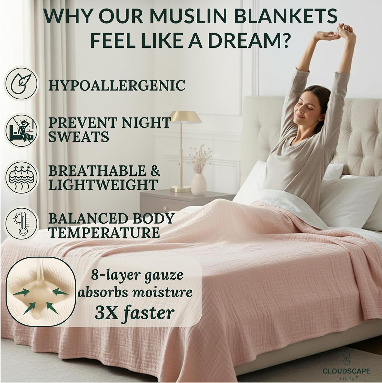 Cloud Scape Linen 8-Layer Muslin Blanket King Size for Adult - 100% Cotton, Breathable and Soft, Perfect Winter Cozy Blanket, Fits up to California King Bed, 92x108, Seashell Pink - Image 4