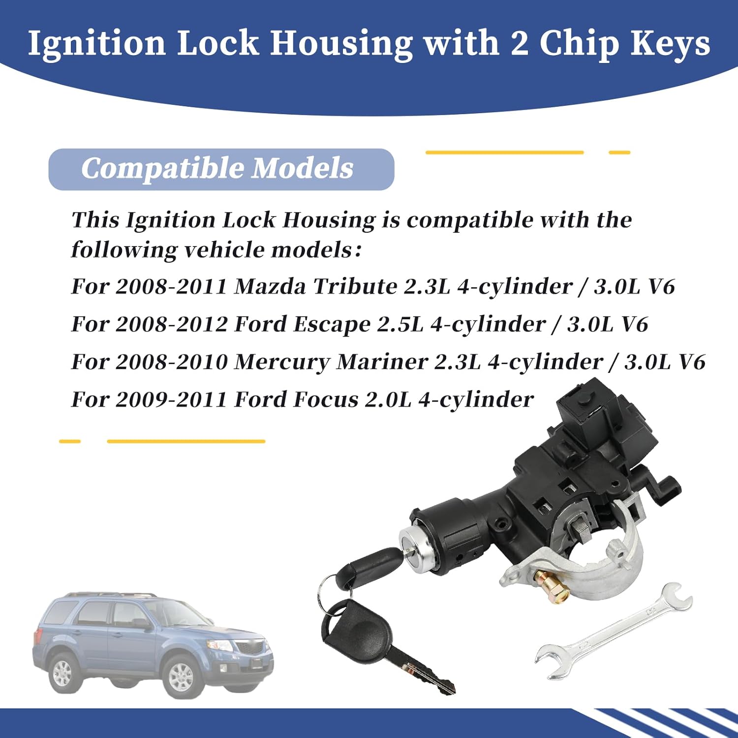 9L8Z-3511-A,Ignition Lock Housing with 2 Chip Keys Fit for Ford Escape 2008-2012/Focus 2009-2011/ Mercury Mariner 2008-2010 for Mazda Tribute 2008-2011 Ignition Switch Lock Cylinder Assembly