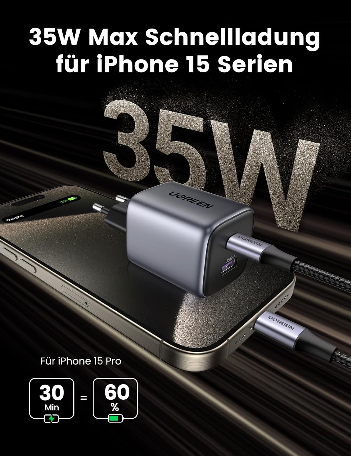 UGREEN Carregador GaN Nexode USB C de 35 W, Carregador iPhone Samsung USB A de 22,5 W compatível com Galaxy S24/S23 Ultra, Pixel 8 7 Pro 6 6a, iPhone 15/14/13, iPad Pro/Air/Mini, MacBook Air M2 preto