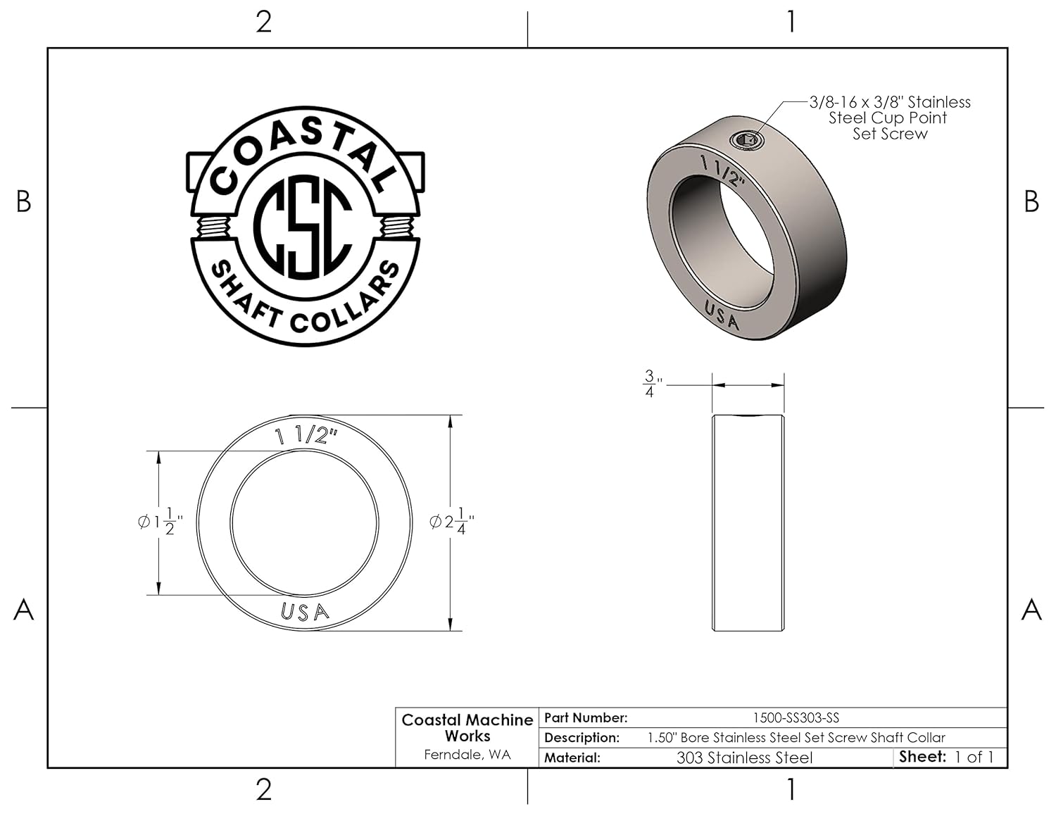 1.50" Bore Diameter - Set Screw Shaft Collar - 303 Stainless Steel (2 Pack)