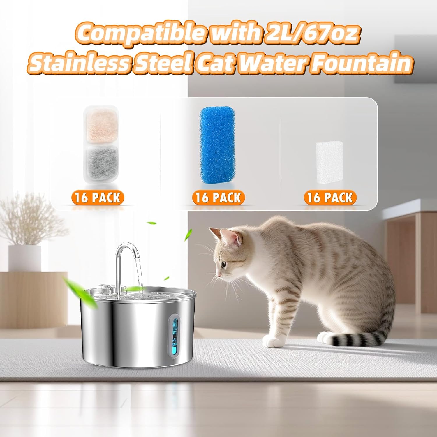 16 Sets Cat Water Fountain Filter Compatible with oneisall 67oz/2L Stainless Steel Cat Water Fountain, Activated Carbon Ion Resin Food Grade PP Cotton, Fresh and Clean thumbnail