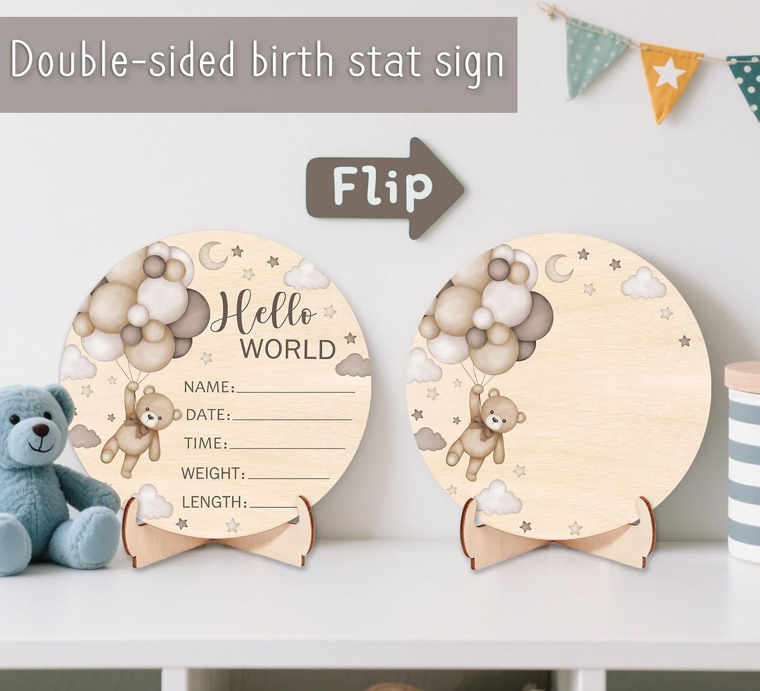 Double-Sided Wooden Newborn Birth Sign, Brown Bear Baby Announcement Sign image 2